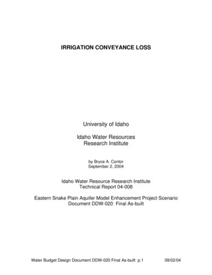 Design documents are a series of technical papers addressing specific design topics on the eastern Snake River Plain Aquifer Model upgrade. Each design document will contain the following information: topic of the design document, how that topic fits into the whole project, which design alternatives were considered and which design alternative is proposed. In draft form, design documents are used to present proposed designs to reviewers. Reviewers are encouraged to submit suggested alternatives and comments to the design document. Reviewers include all members of the Eastern Snake Hydrologic Modeling (ESHM) Committee as well as selected experts outside of the committee. The design document author will consider all suggestions from reviewers, update the draft design document, and submit the design document to the SRPAM Model Upgrade Program Manager. The Program Manager will make a final decision regarding the technical design of the described component. The author will modify the design document and publish the document in its final form in .pdf format on the SRPAM Model Upgrade website. Final model documentation will include all of the design documents, edited to ensure that the "as-built" condition is appropriately represented. This is the final as-built document for conveyance loss in irrigation canals. Some of the water lost from irrigation is seepage from canals and ditches. This water is not available for irrigation and therefore neither available for crop evapotranspiration (ET) nor for recharge associated with irrigated agricultural fields. However, the leakage is still a component of recharge associated with irrigation activity. Seepage from canals can be an important source of aquifer recharge. Long canals in porous soils can loose 40 percent or more of the water diverted from the source (Chavez-Morales 1985). In Idaho's climate, virtually all of this loss is associated with leakage to the aquifer (Dreher and Tuthill 1999).1 This Design Document explores options for treating canal leakage in the water budget.